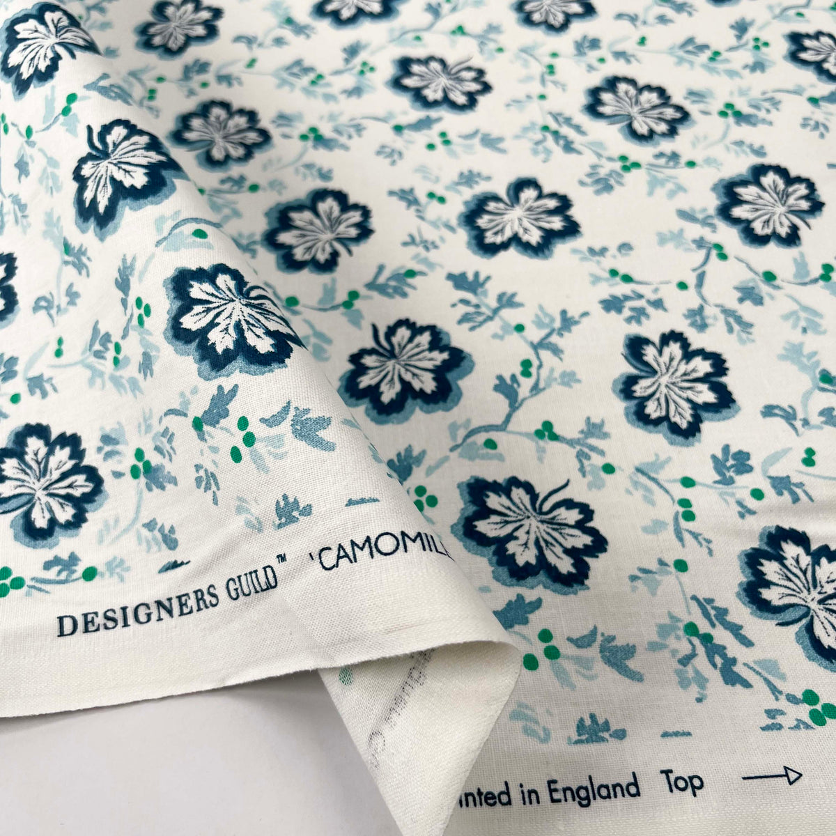 Grey Floral Printed Cotton Fabric Designers Guild Camomile Aqua Fold