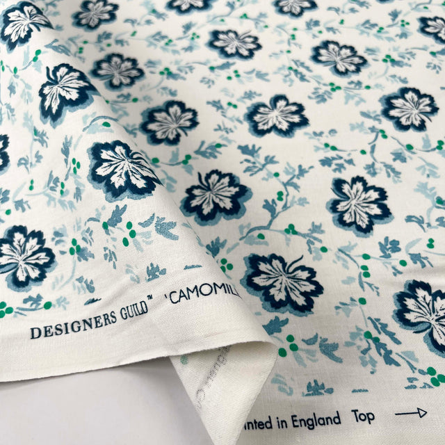 Grey Floral Printed Cotton Fabric Designers Guild Camomile Aqua Fold