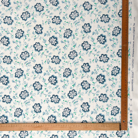 Grey Floral Printed Cotton Fabric Designers Guild Camomile Aqua Ruler