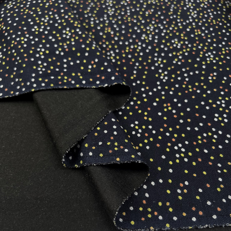 Dotty Ponte Navy Polyester Viscose Spotty Print Knit Jersey Fabric Fold