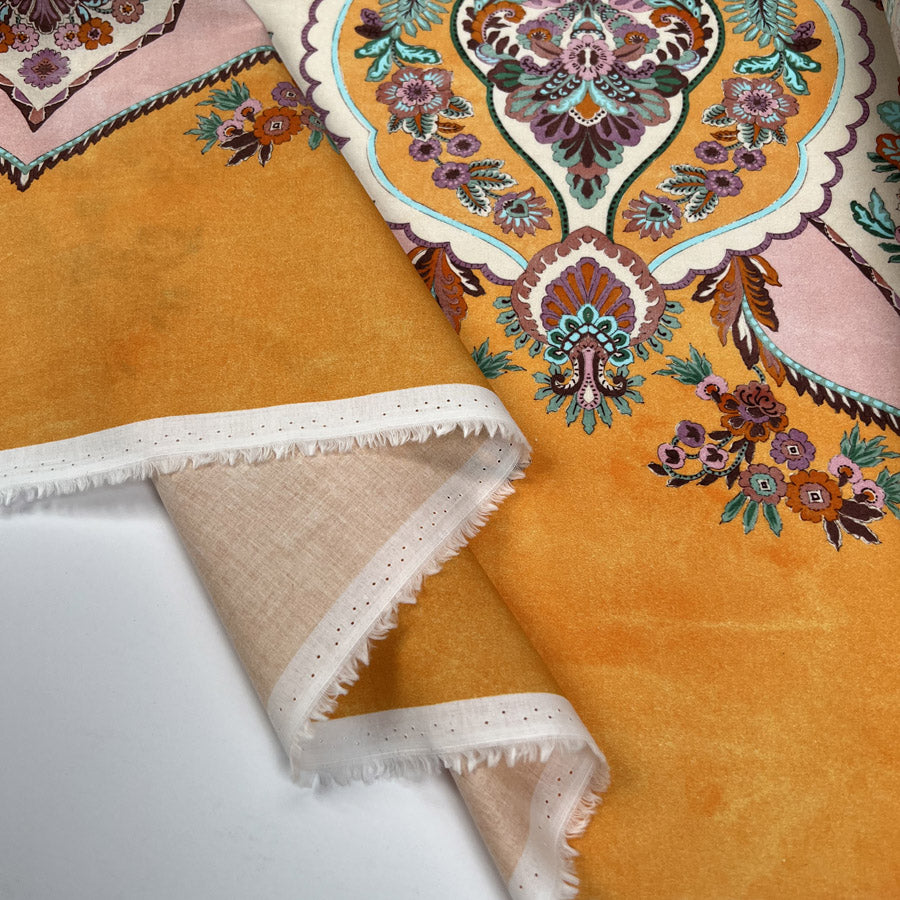 Eastern Promise Cotton Italian Ex Designer Abstract Pink Orange Green Dress Fabric Fold