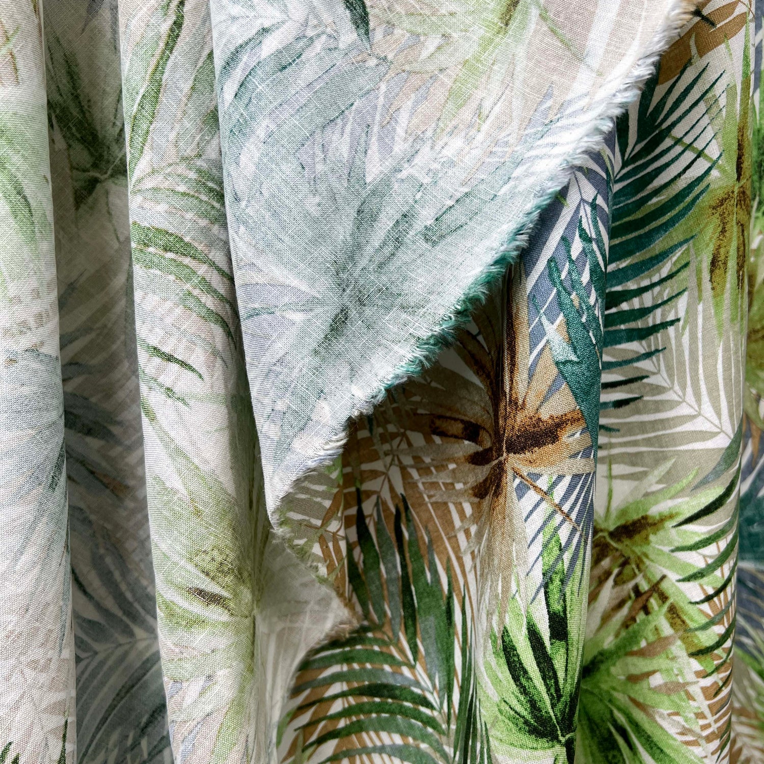 Viscose Linen Blend Palm Green Brown Leaf Print Dress Fabric Ecuador Hang