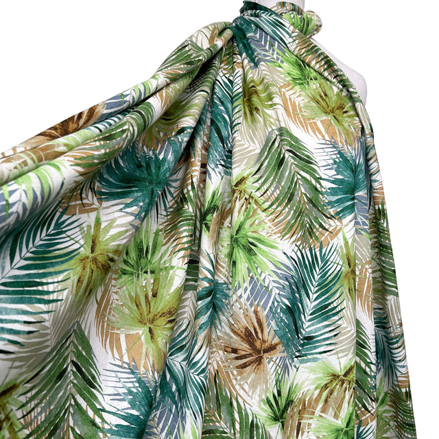 Viscose Linen Blend Palm Green Brown Leaf Print Dress Fabric Ecuador Mannequin