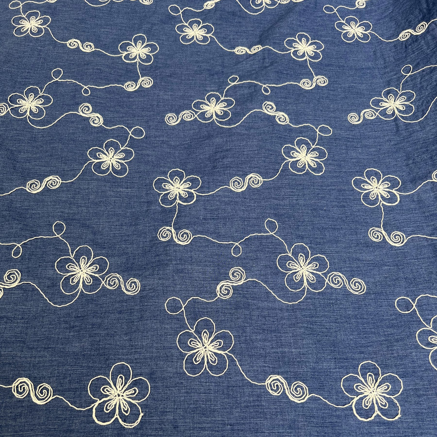 Embroidered Chambray Denim Blue Posy Ecru Floral Dress Fabric