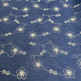 Embroidered Chambray Denim Blue Posy Ecru Floral Dress Fabric