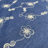 Embroidered Chambray Denim Blue Posy Ecru Floral Dress Fabric CU