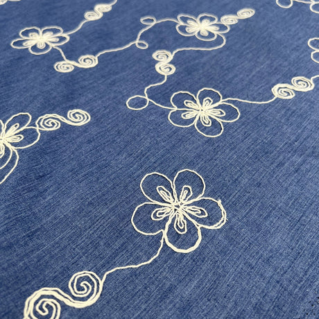 Embroidered Chambray Denim Blue Posy Ecru Floral Dress Fabric CU
