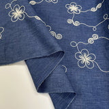 Embroidered Chambray Denim Blue Posy Ecru Floral Dress Fabric Fold