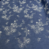 Embroidered Chambray Denim Blue Roses Ecru Floral Dress Fabric