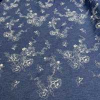 Embroidered Chambray - Denim Blue - Roses