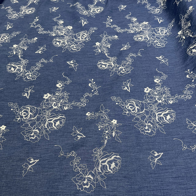 Embroidered Chambray Denim Blue Roses Ecru Floral Dress Fabric