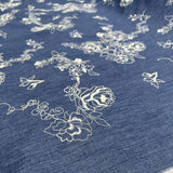 Embroidered Chambray Denim Blue Roses Ecru Floral Dress Fabric CU