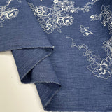 Embroidered Chambray Denim Blue Roses Ecru Floral Dress Fabric Fold