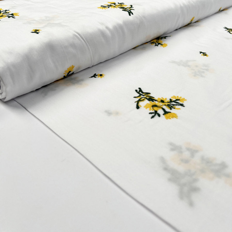 Embroidered Cotton Betsy Yellow Green Floral White Woven Dress Fabric Bolt