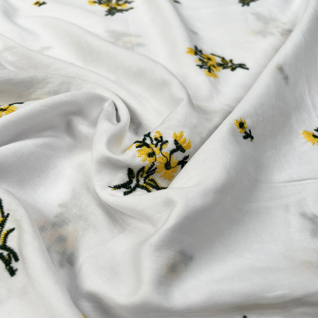 Embroidered Cotton Betsy Yellow Green Floral White Woven Dress Fabric CU