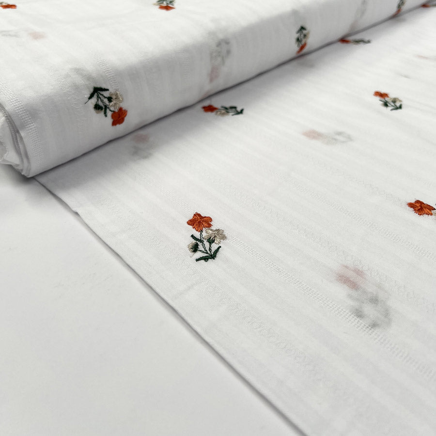 Embroidered Cotton Stripe Orange Floral White Woven Summer Dress Fabric Bolt