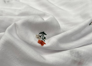 Embroidered Cotton Stripe Orange Floral White Woven Summer Dress Fabric CU