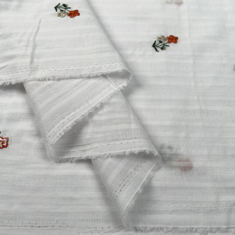 Embroidered Cotton Stripe Orange Floral White Woven Summer Dress Fabric Fold