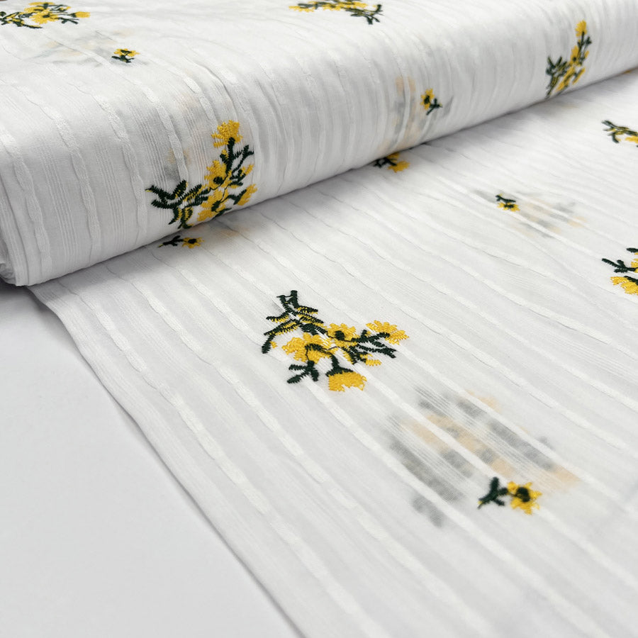 Embroidered Cotton Stripe Yellow Floral White Woven Summer Dress Fabric Bolt