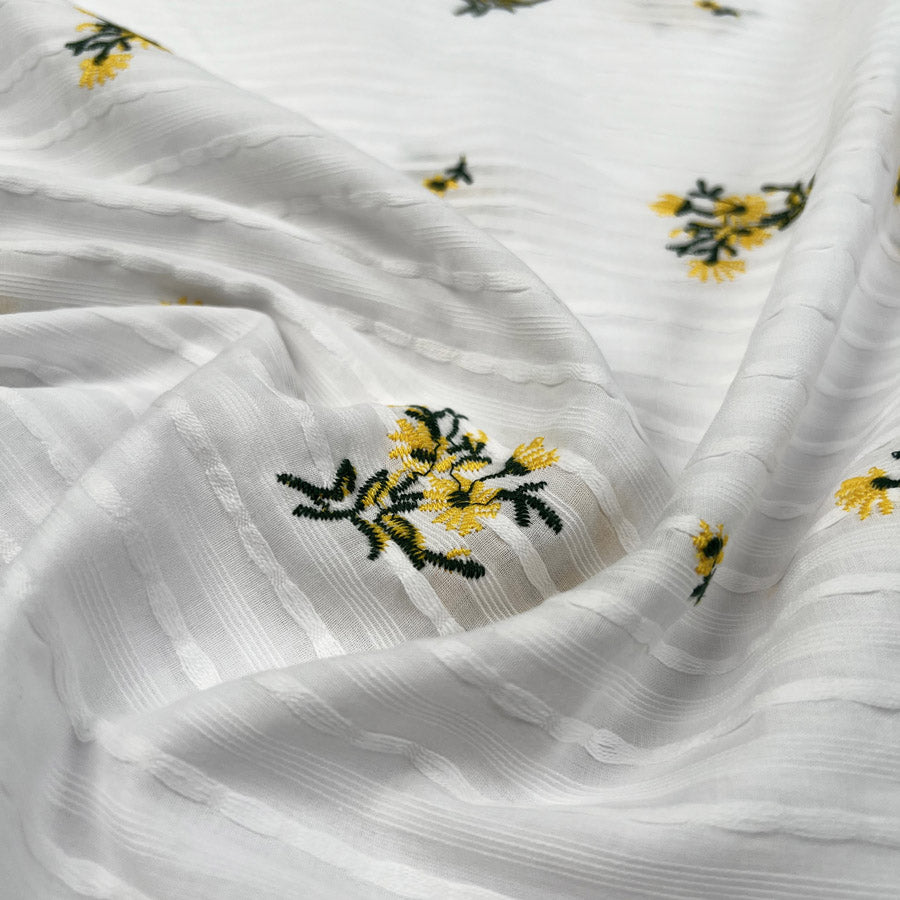 Embroidered Cotton Stripe Yellow Floral White Woven Summer Dress Fabric CU
