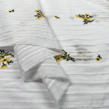 Embroidered Cotton Stripe Yellow Floral White Woven Summer Dress Fabric Fold