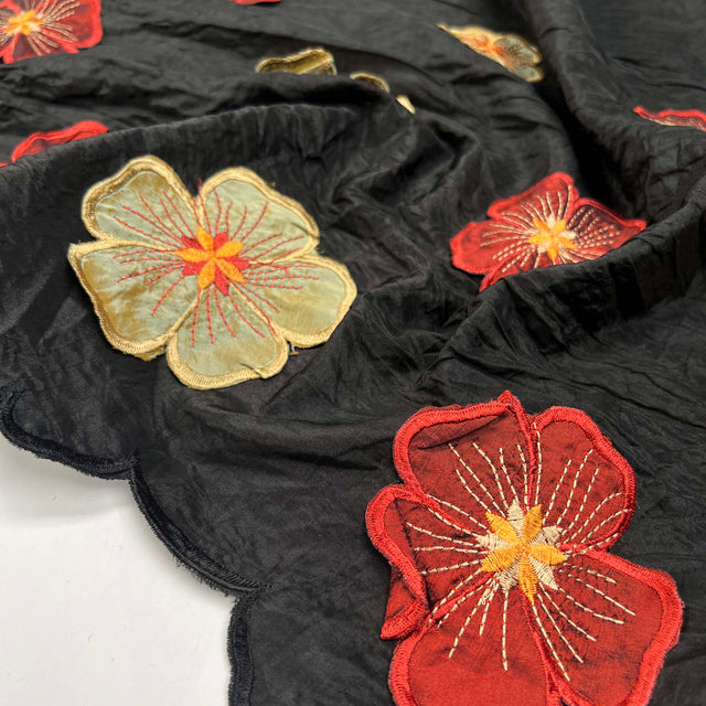 Embroidered_Taffeta_Samira_Polyester_Black_Floral_Red_Cream_Border_Dress_Fabric_Close_up