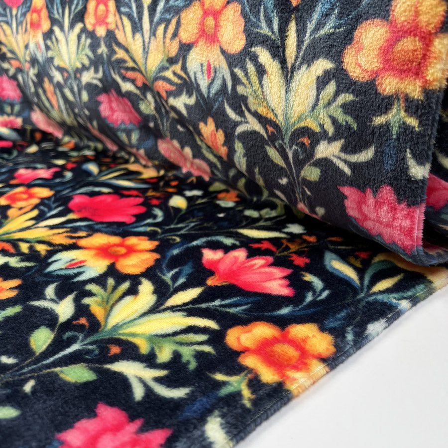 Fleece Feels Garden Navy Pink Floral Polyester Thick Cuddle Soft Fabric Roll