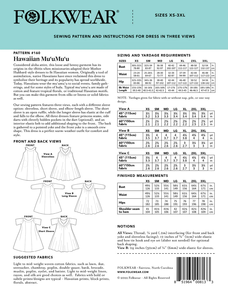 Folkwear Hawaiian MuuMuu Dress Pattern backcover