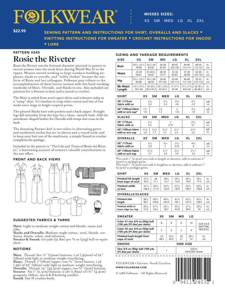 Folkwear Rosie The Riveter Shirt Overalls Slacks Pattern Backcover
