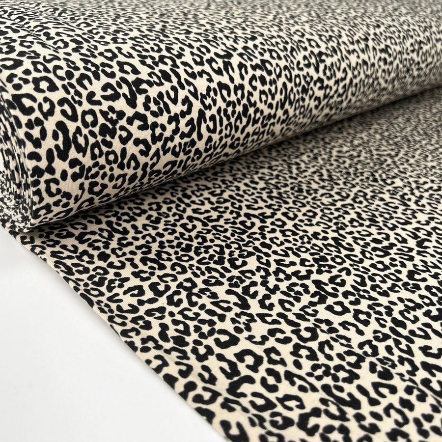 French Terry Baby Leopard Cotton Elastane Beige Black Animal Print Knit Jersey Fabric Bolt