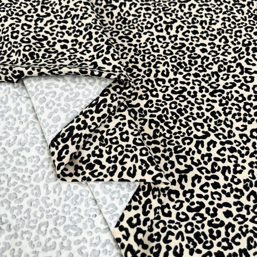 French Terry Baby Leopard Cotton Elastane Beige Black Animal Print Knit Jersey Fabric Fold