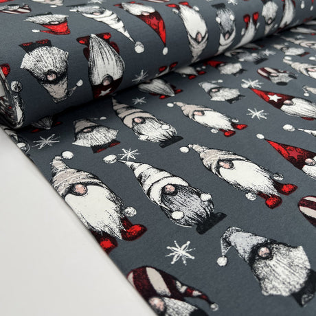 French Terry Festive Gnome Grey Brushed Cotton Elastane Knit Jersey Fabric Bolt
