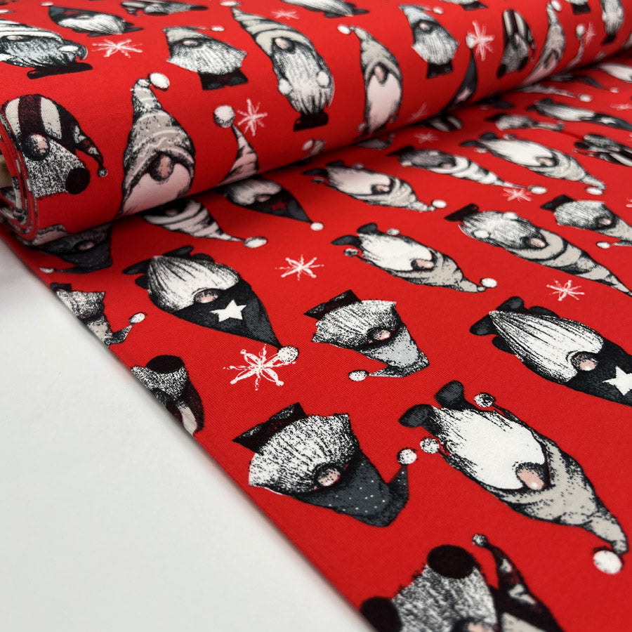 French Terry Festive Gnome Red Brushed Cotton Elastane Knit Jersey Fabric Bolt