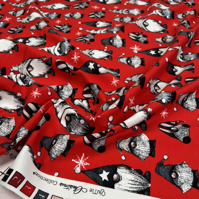 French Terry Festive Gnome Red Brushed Cotton Elastane Knit Jersey Fabric CU