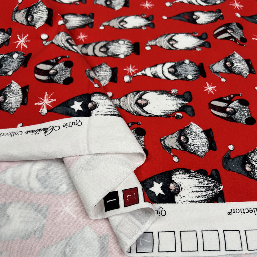 French Terry Festive Gnome Red Brushed Cotton Elastane Knit Jersey Fabric Fold