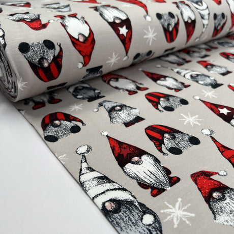 French Terry Festive Gnome Sand Brushed Cotton Elastane Knit Jersey Fabric Bolt