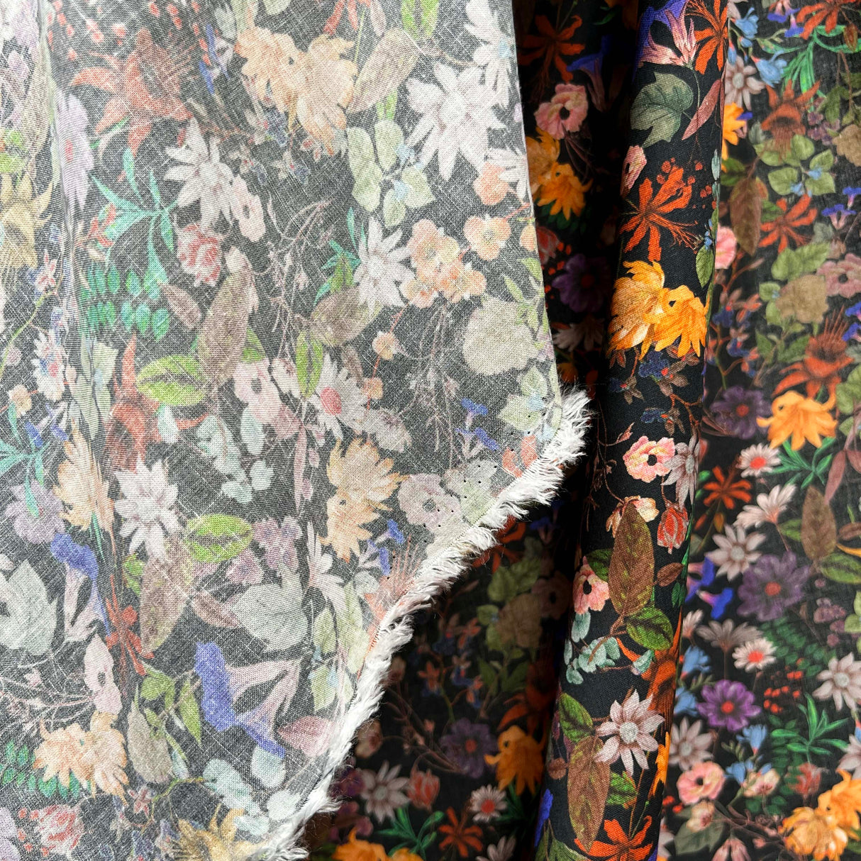 Gently Does It Viscose Floral Italian Black Multicoloured Dress Fabric Hang