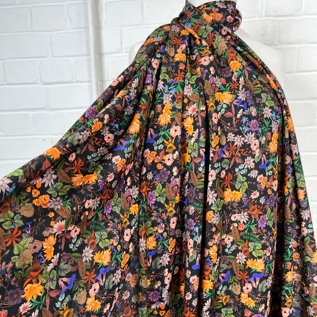 Gently Does It Viscose Floral Italian Black Multicoloured Dress Fabric 