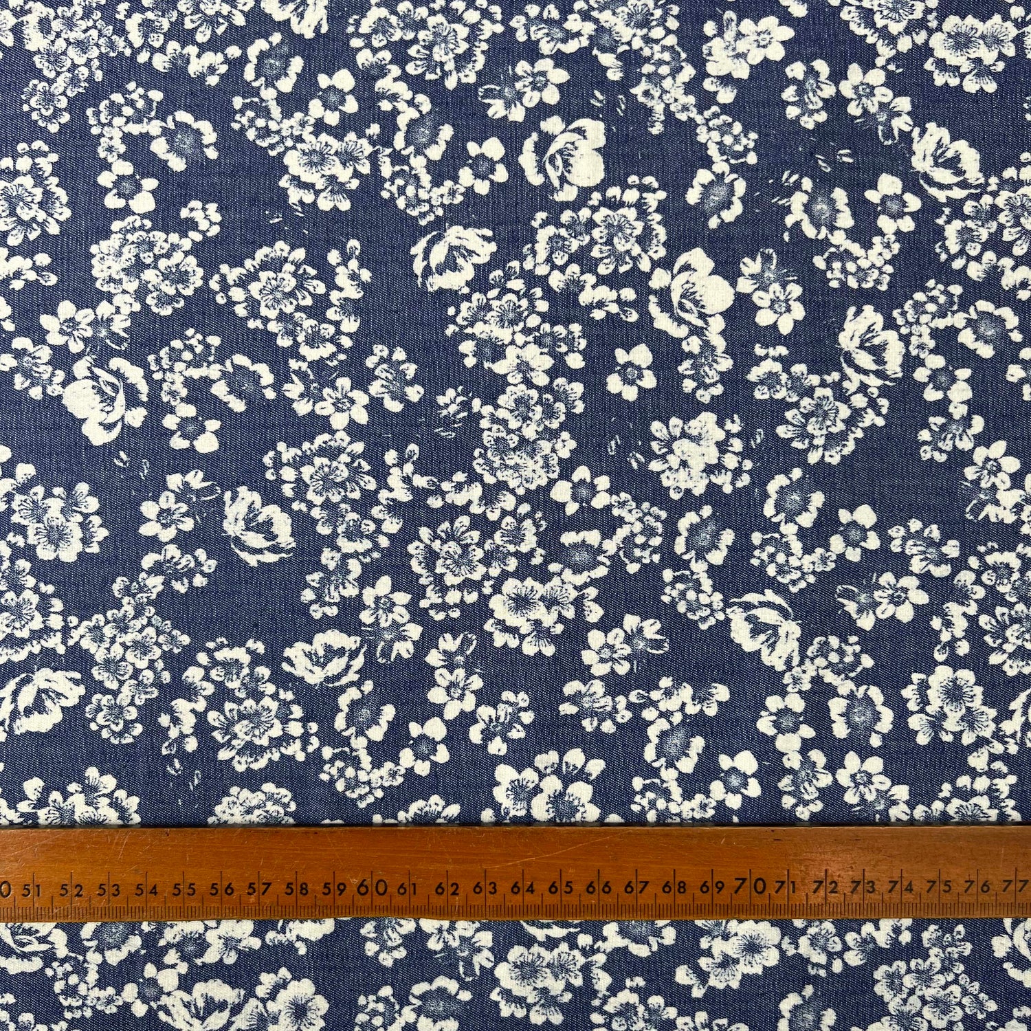 Heavenly Bouquet Cotton Denim Chambray Blue White Floral Print Lightweight Woven Dress Fabric Ruler