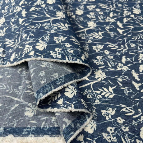 Heavenly Hedgerow Cotton Denim Chambray Blue White Floral Print Lightweight Woven Dress Fabric Fold