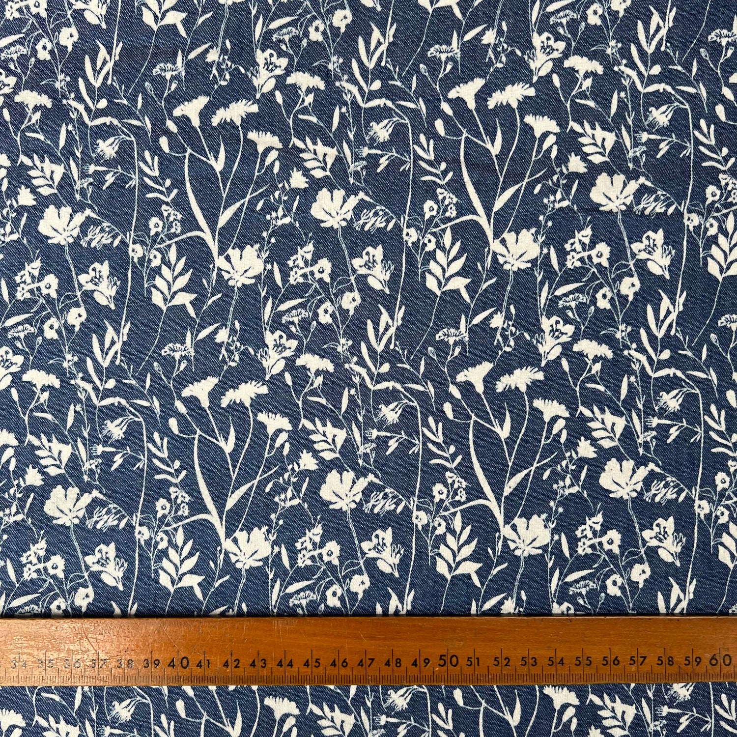 Heavenly Hedgerow Cotton Denim Chambray Blue White Floral Print Lightweight Woven Dress Fabric Ruler