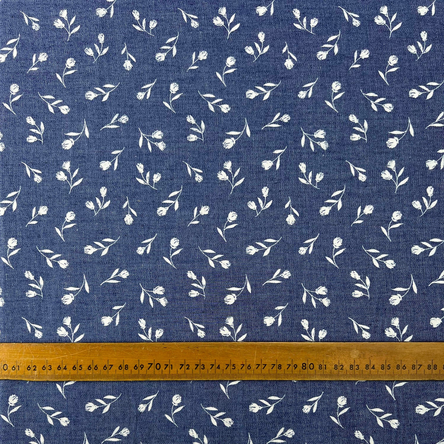 Heavenly Sprigs Cotton Denim Chambray Blue White Floral Print Lightweight Woven Dress Fabric Ruler