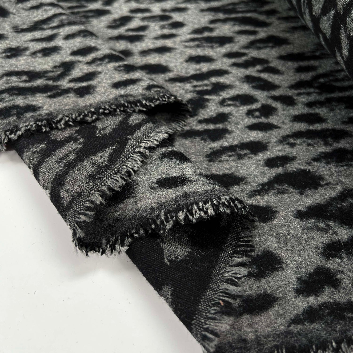 Hidden Agenda Wool Polyester Mix Black Grey Animal Leopard Print Brushed Coating Fabric Fold