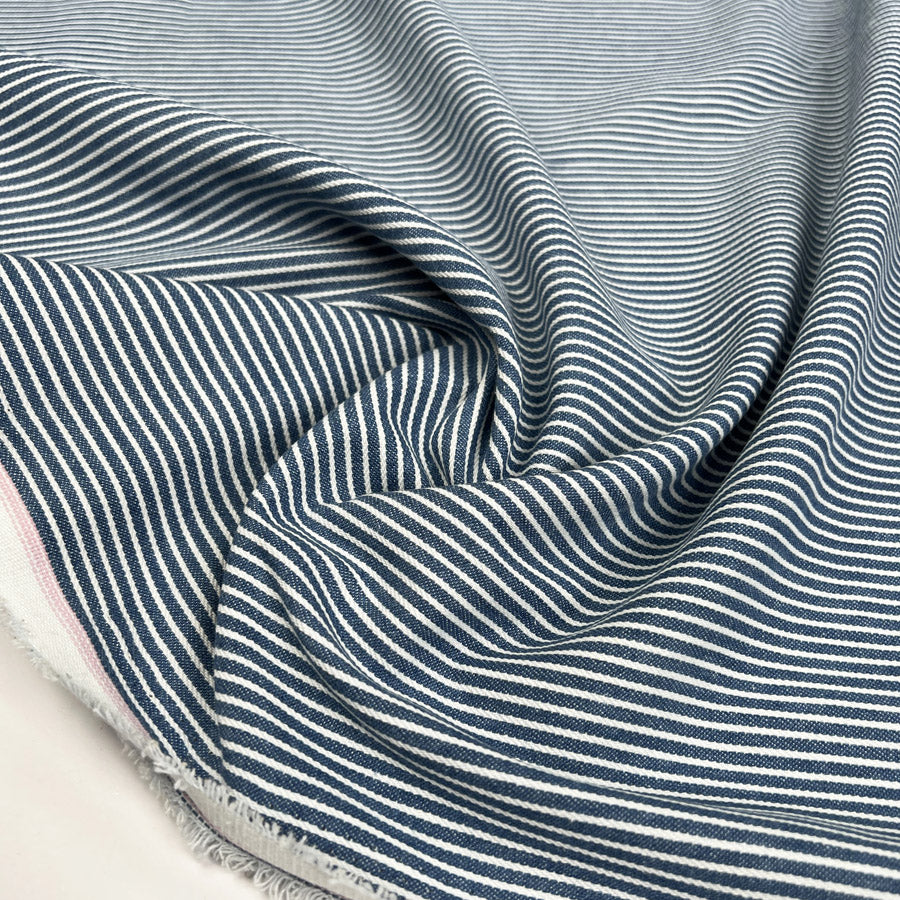 Indigoline Denim Cotton Blue White Stripe Trouser Fabric CU