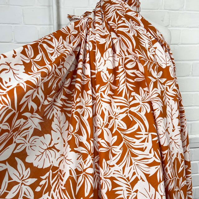 Orange Floral Print Cotton Voile Dress Fabric Island Breeze - Papaya CU