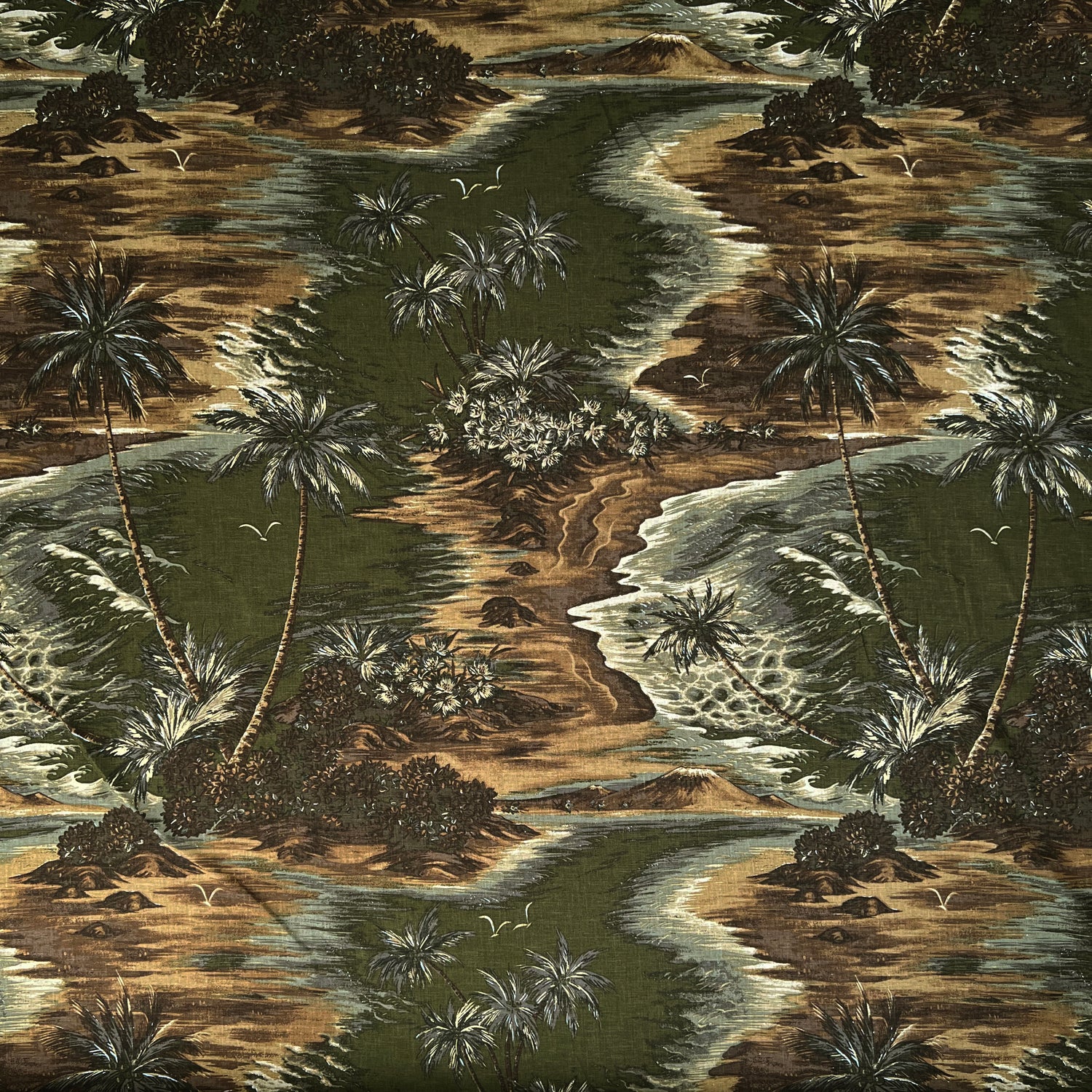 Island Linen Mix Olive Large Scale Palm Tree Prirnt Viscose Green Brown Woven Dress Fabric