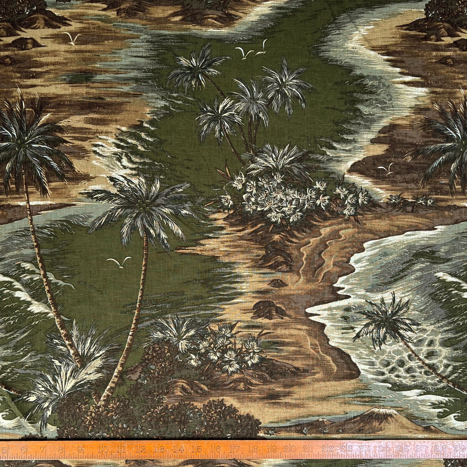 Island Linen Mix Olive Large Scale Palm Tree Prirnt Viscose Green Brown Woven Dress Fabric Ruler