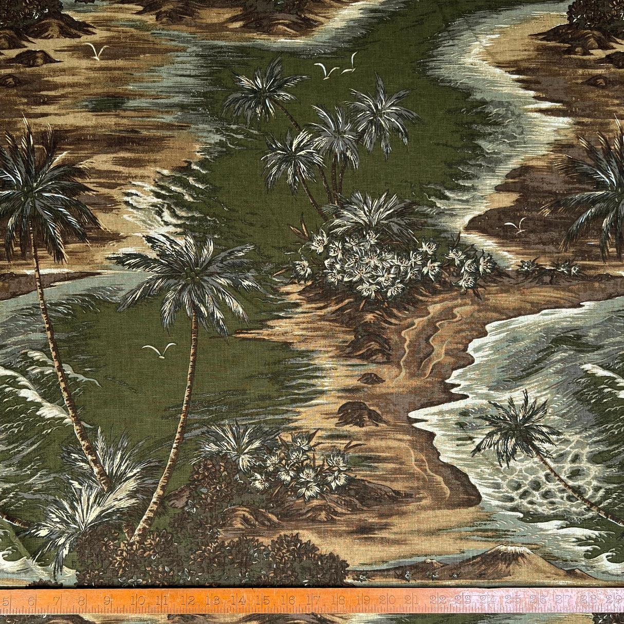 Island Linen Mix Olive Large Scale Palm Tree Prirnt Viscose Green Brown Woven Dress Fabric Ruler