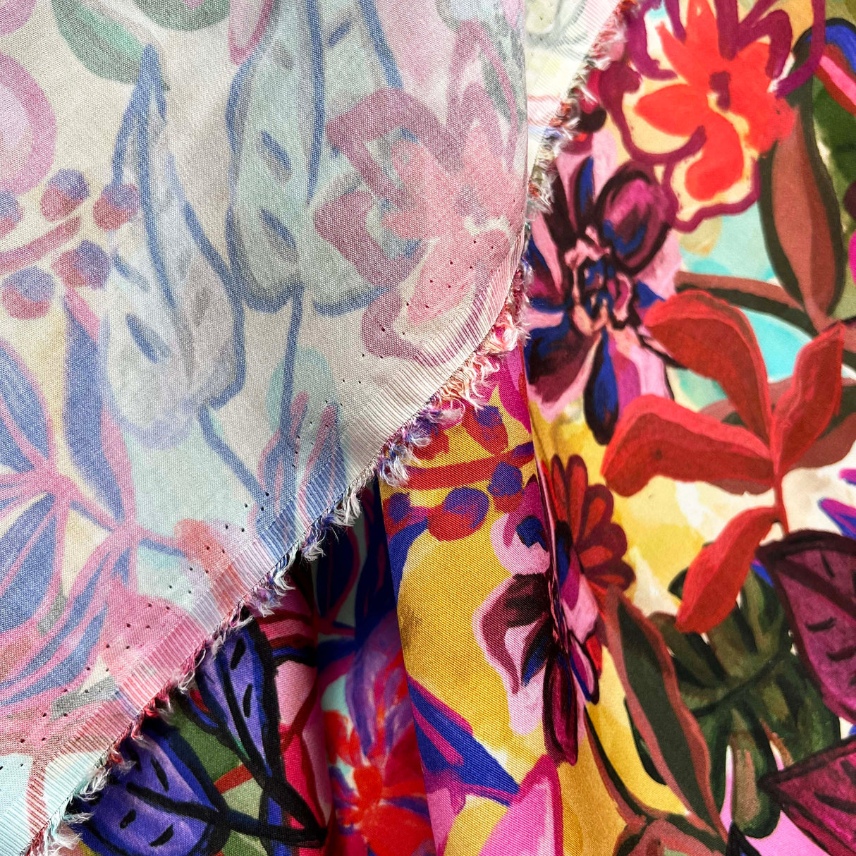 Colourful Floral Print Viscose Dress Fabric Italian Challis Chianti Hang