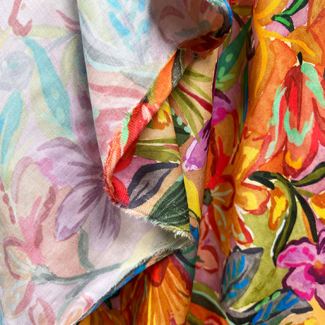 Orange Floral Print Viscose Dress Fabric Italian Challis Solara Hang